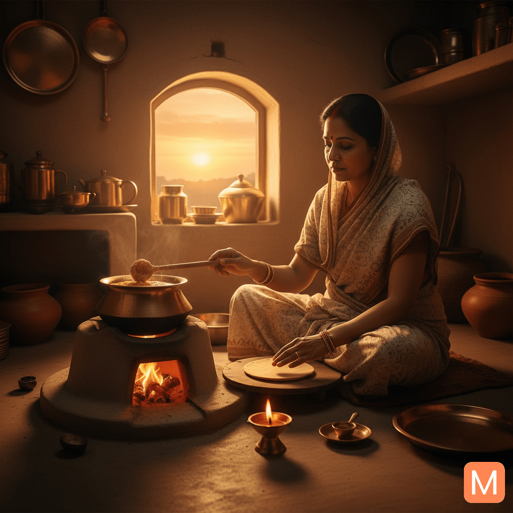 Woman preparing Kharna prasad during Chhath Puja fasting ritual.