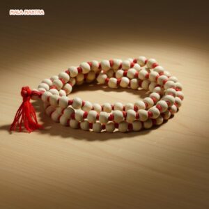 MalaMantra 108-Bead Wood Jaap Mala with vibrant red string and tassel.