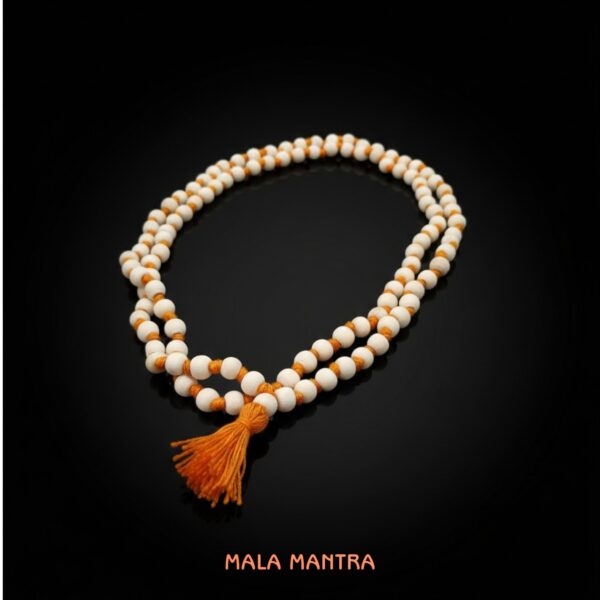 MalaMantra branded orange product box positioned behind a neatly coiled Tulsi mala, suitable for e-commerce listing.