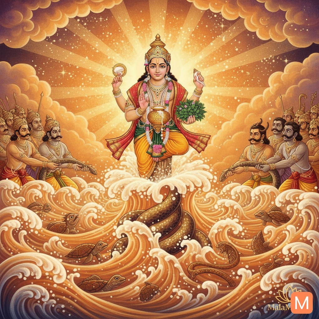 Samudra Manthan scene with gods, demons, and Lord Dhanvantari emerging from ocean with nectar, Dhanteras myth illustration - MalaMantra