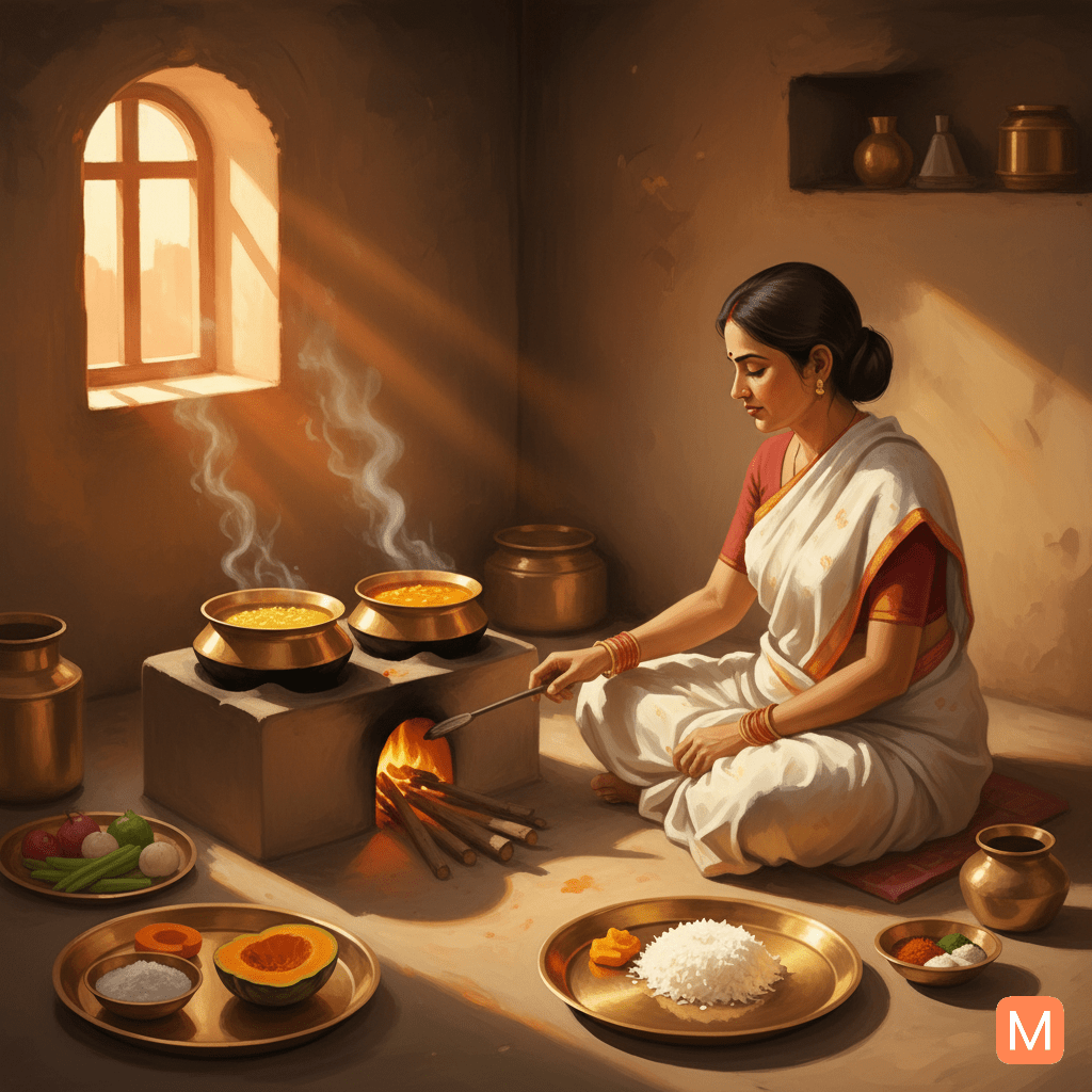 Woman cooking sattvik food for Nahay Khay ritual of Chhath Puja – traditional preparation with devotion