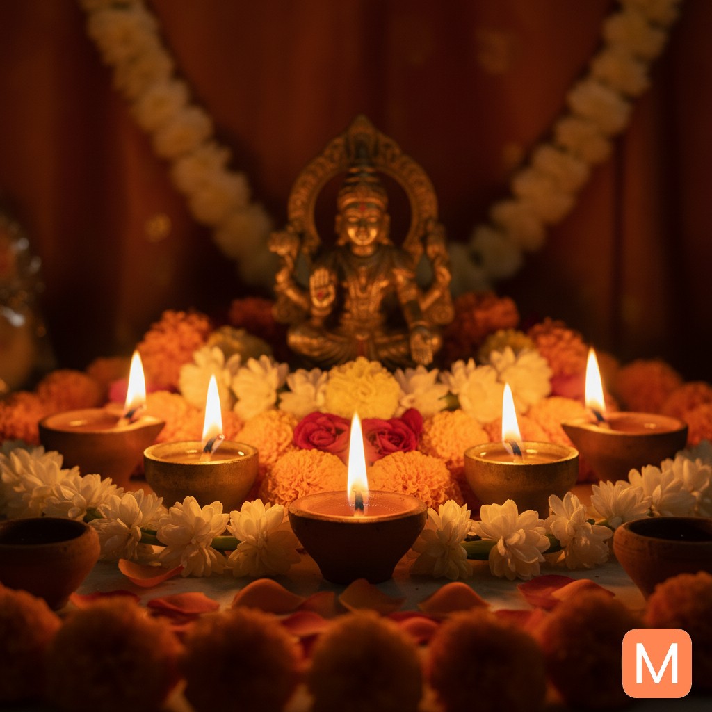 Glowing diyas and Dhanvantari idol with festive decorations on Dhanteras, symbolizing health and prosperity - MalaMantra