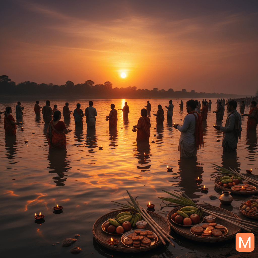 Devotees offering evening Sandhya Arghya to the setting Sun during Chhath Puja – riverside devotion scene