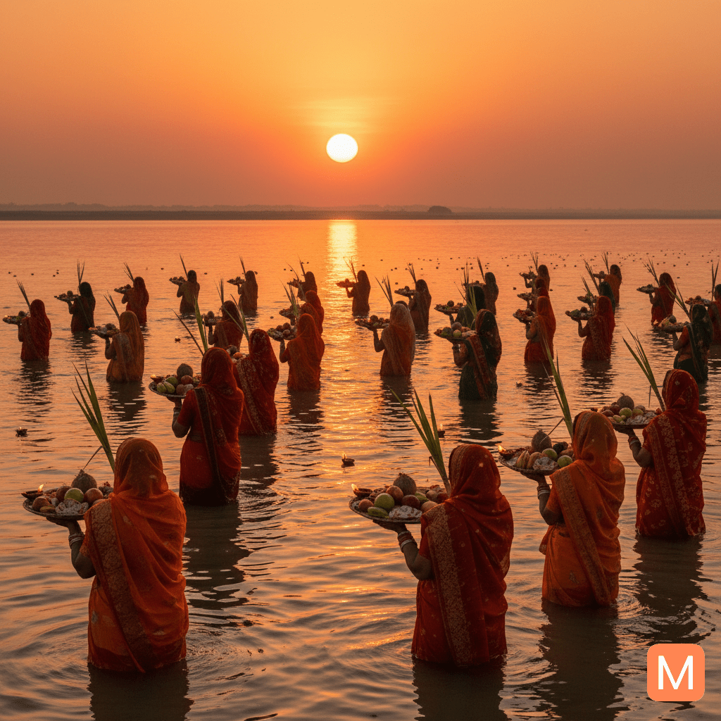 Devotees offering Sandhya Arghya to the setting Sun during Chhath Puja.