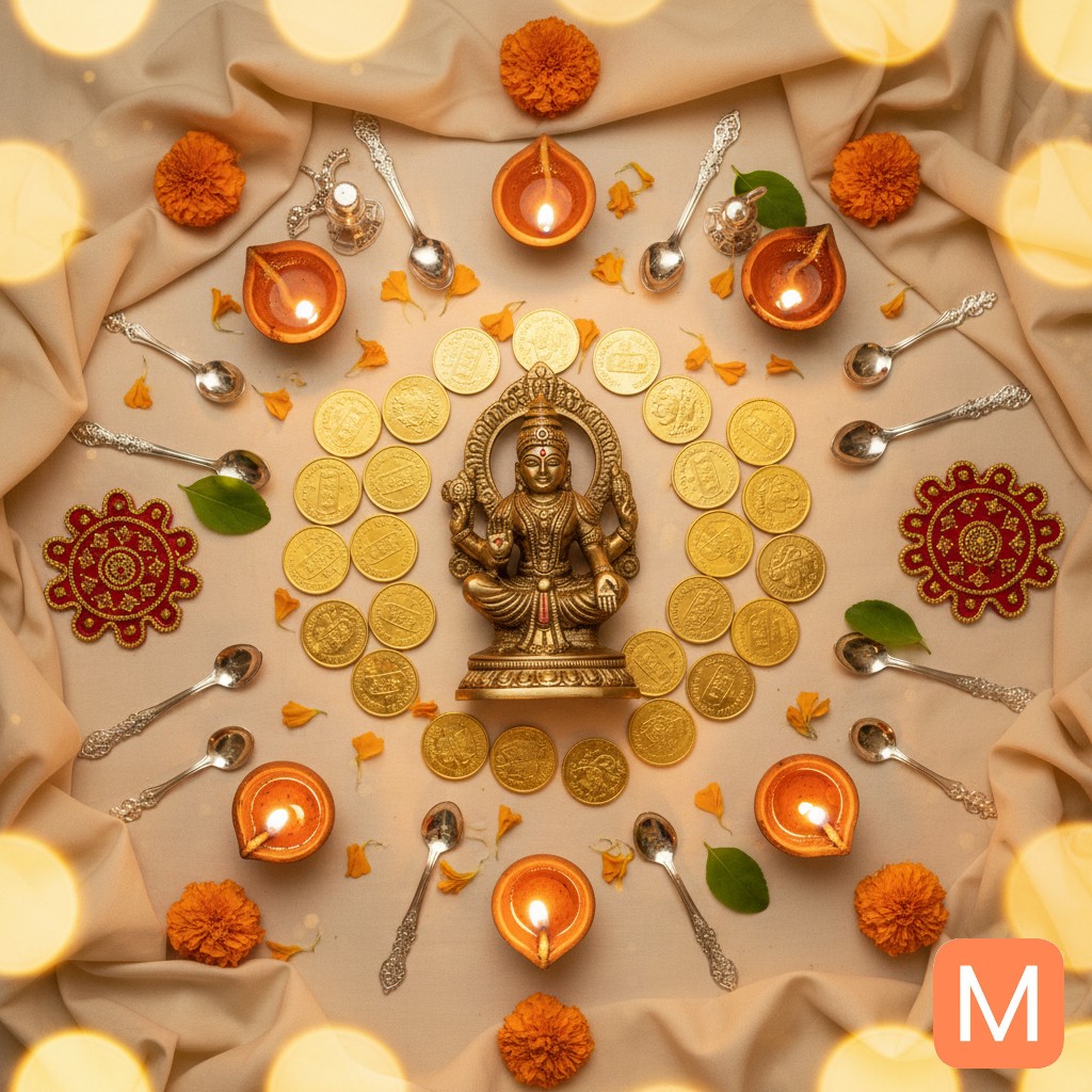 Gold coins, silver utensils, diyas, and Lord Dhanvantari idol symbolizing wealth and health on Dhanteras - MalaMantra