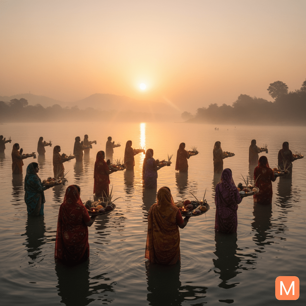 Devotees offering Usha Arghya to the rising Sun during Chhath Puja morning.