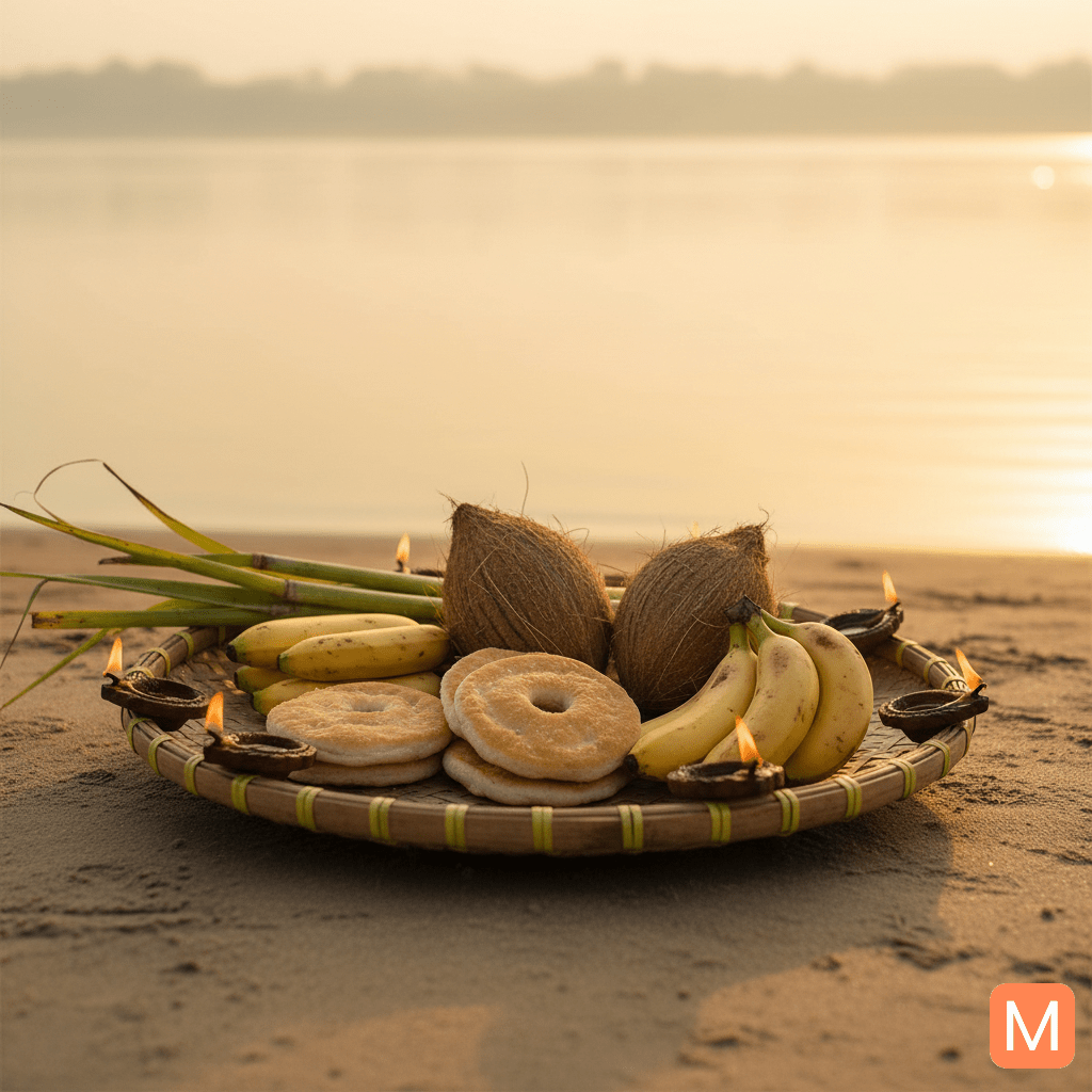Traditional Chhath Puja offerings – thekua, fruits, and diyas arranged in a soop at sunrise