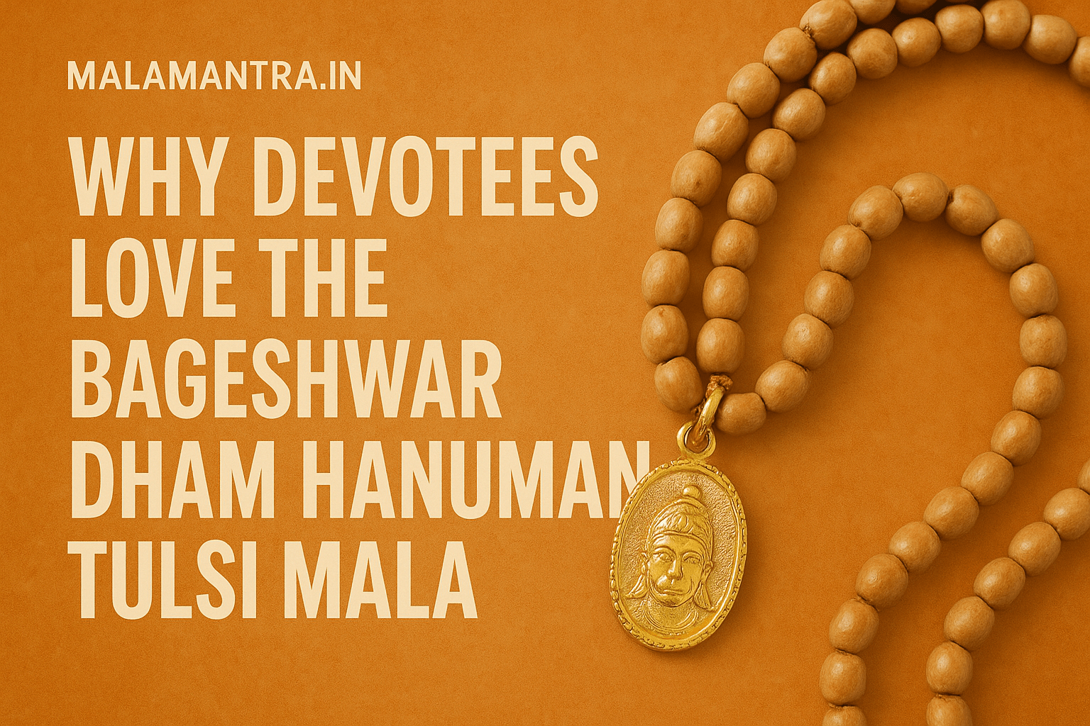 Bageshwar Dham Hanuman Tulsi Mala with golden Hanuman locket on saffron background – MalaMantra