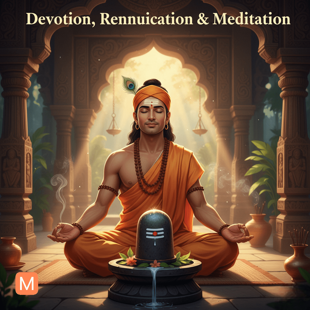 Jangam Jogi meditating before a Shiva Lingam, representing their devotion, renunciation, and spiritual practices.