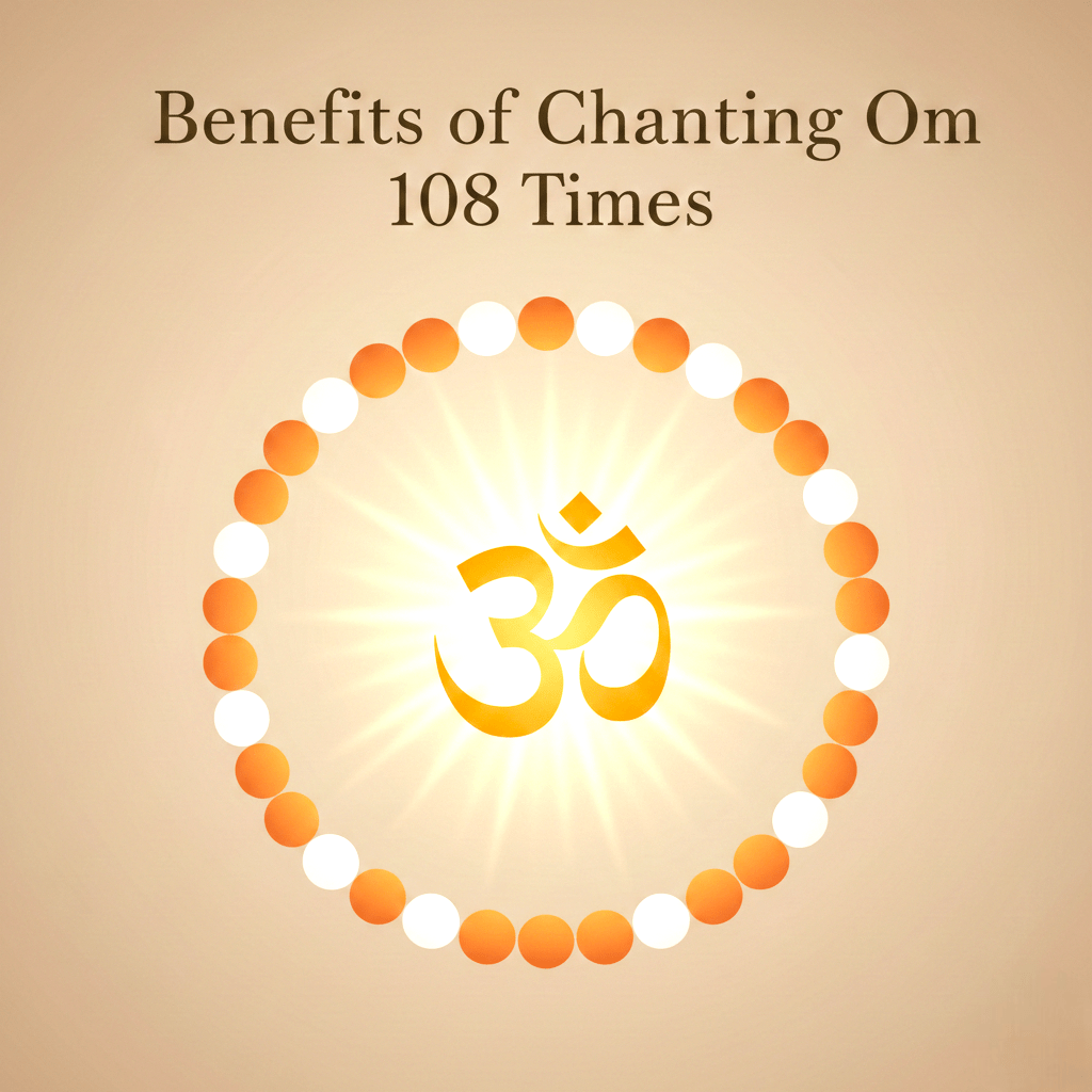 Benefits of chanting Om 108 times illustration with Om symbol and mala