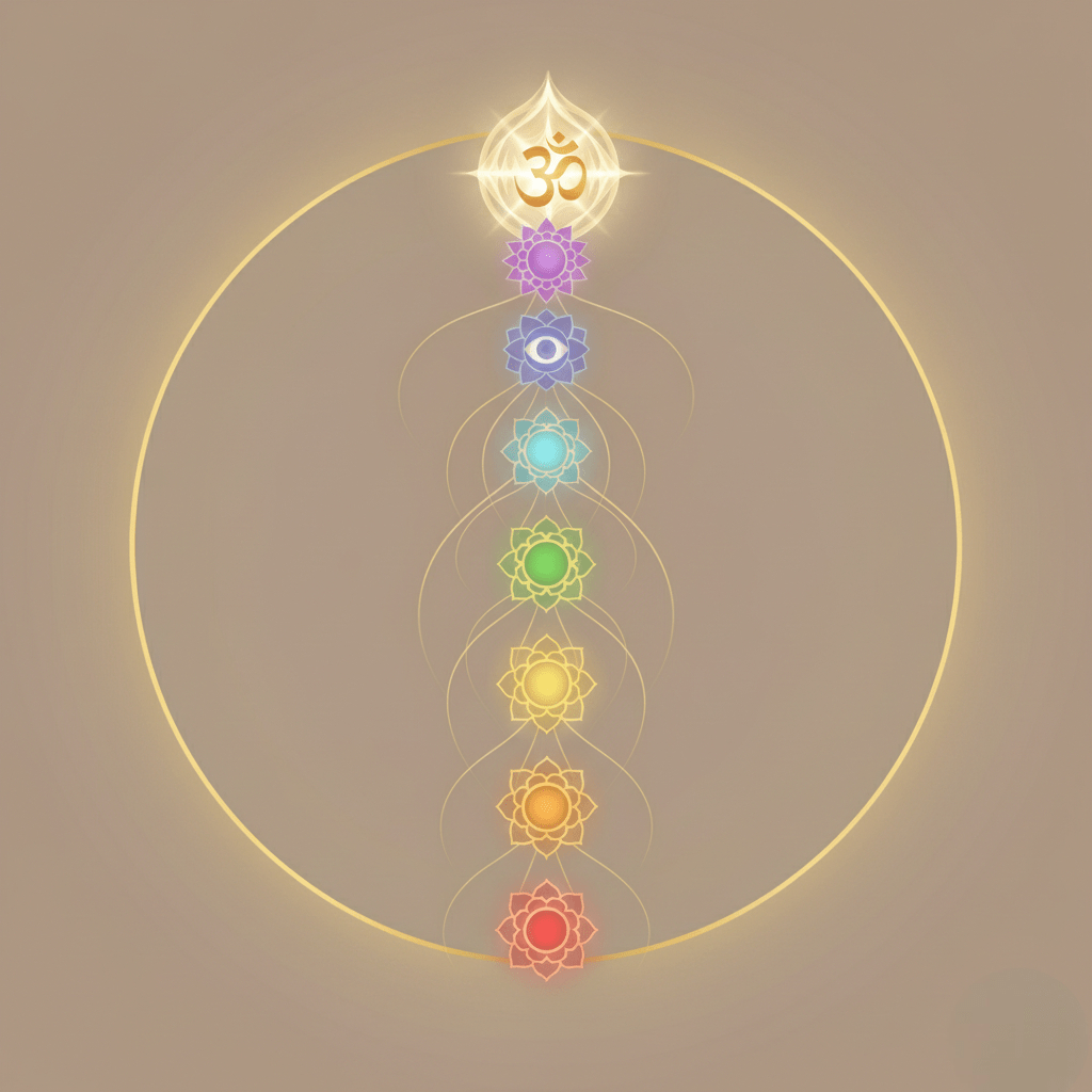 Chakra alignment illustration with Om symbol at the crown chakra.