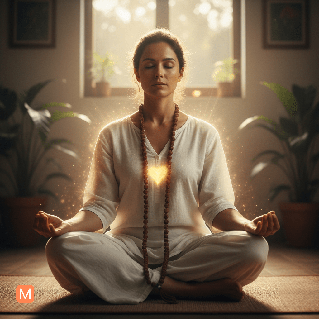 Person meditating with Rudraksha mala, chanting mantra with glowing spiritual aura, representing the importance of mala and mantra in Hinduism