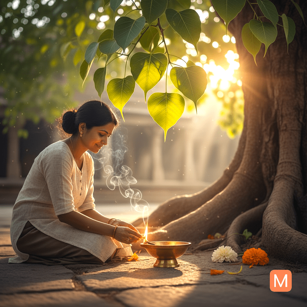 Devotee lighting diya near Peepal tree