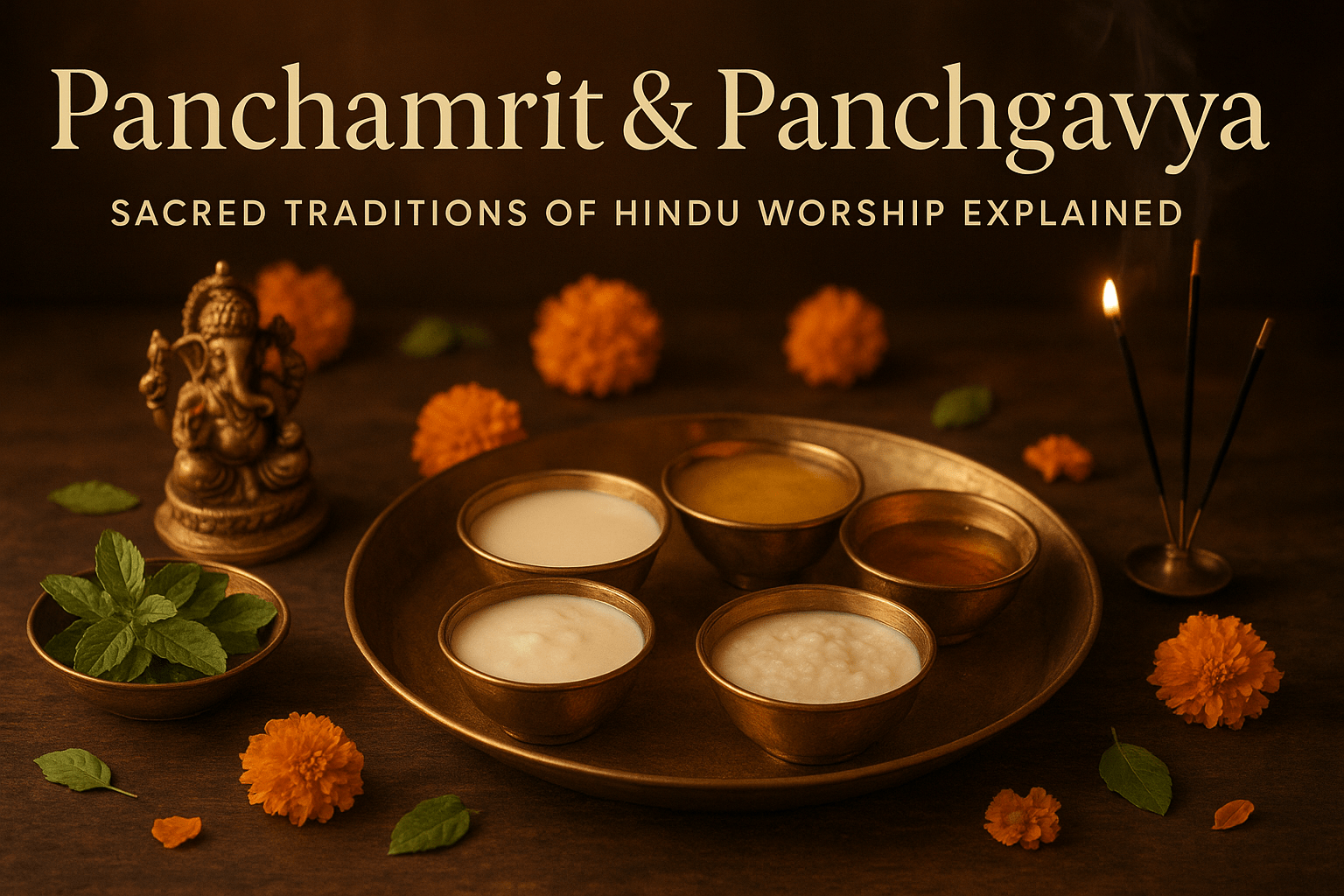 Panchamrit and Panchgavya ingredients on a Hindu altar for worship