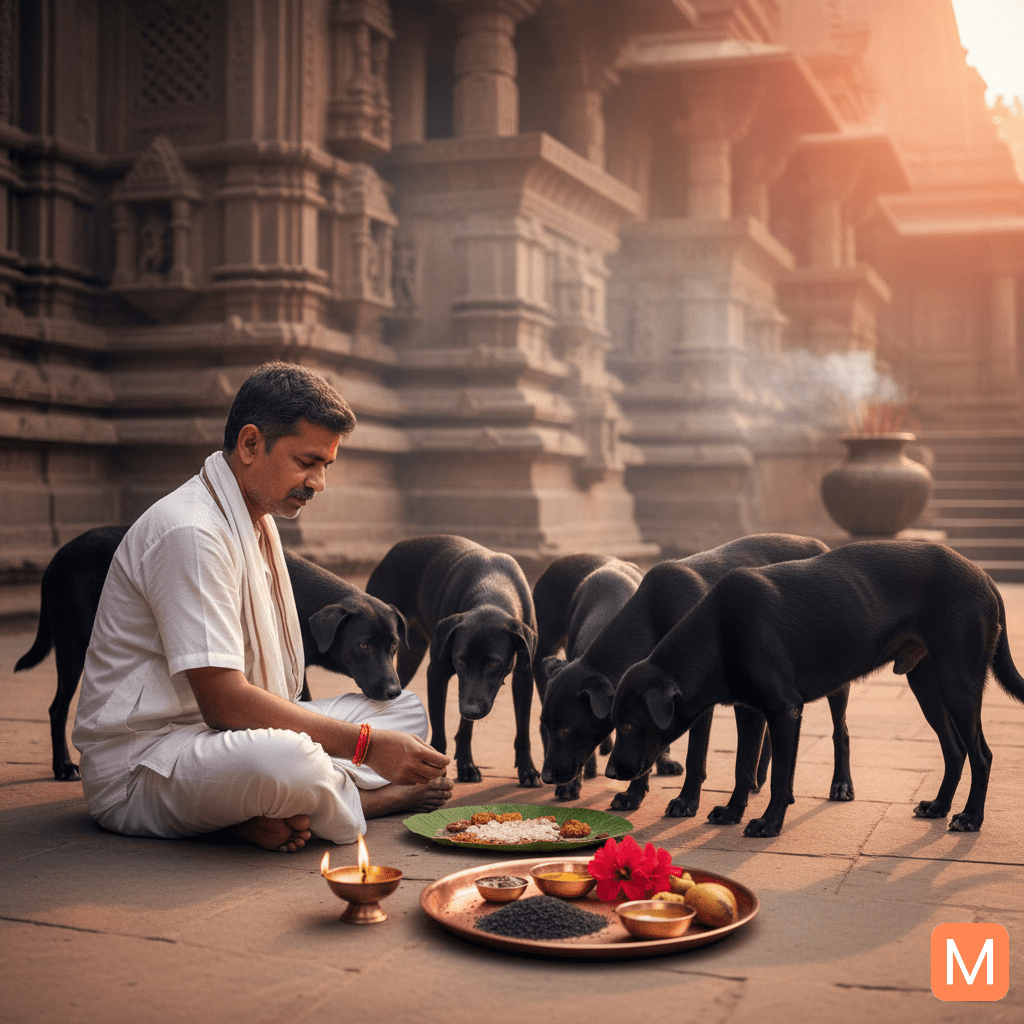 Devotee feeding black dogs on Kaal Bhairav Jayanti 2025 as an act of devotion and ritual offering.