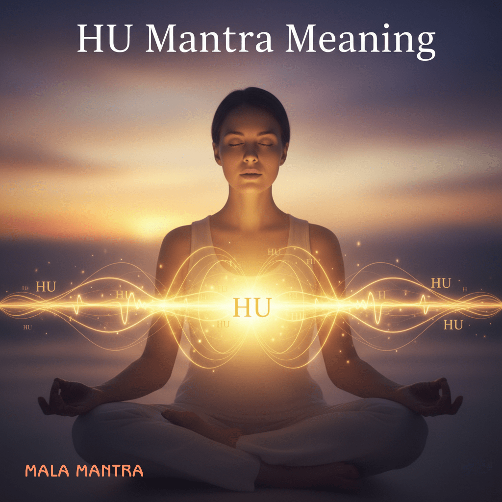 HU mantra meaning with meditation and sound waves.