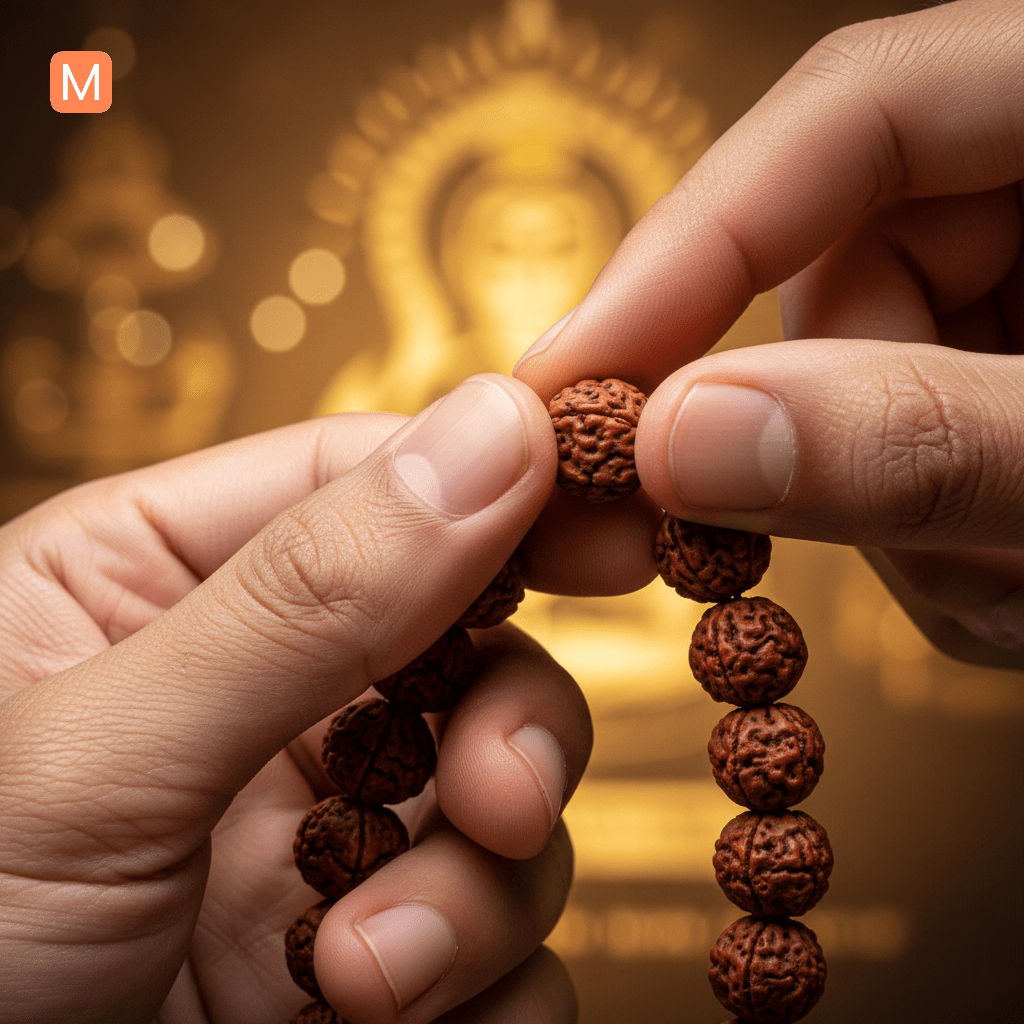 hands counting a 108-bead Rudraksha mala while chanting mantra, highlighting the importance of mala and mantra in Hinduism