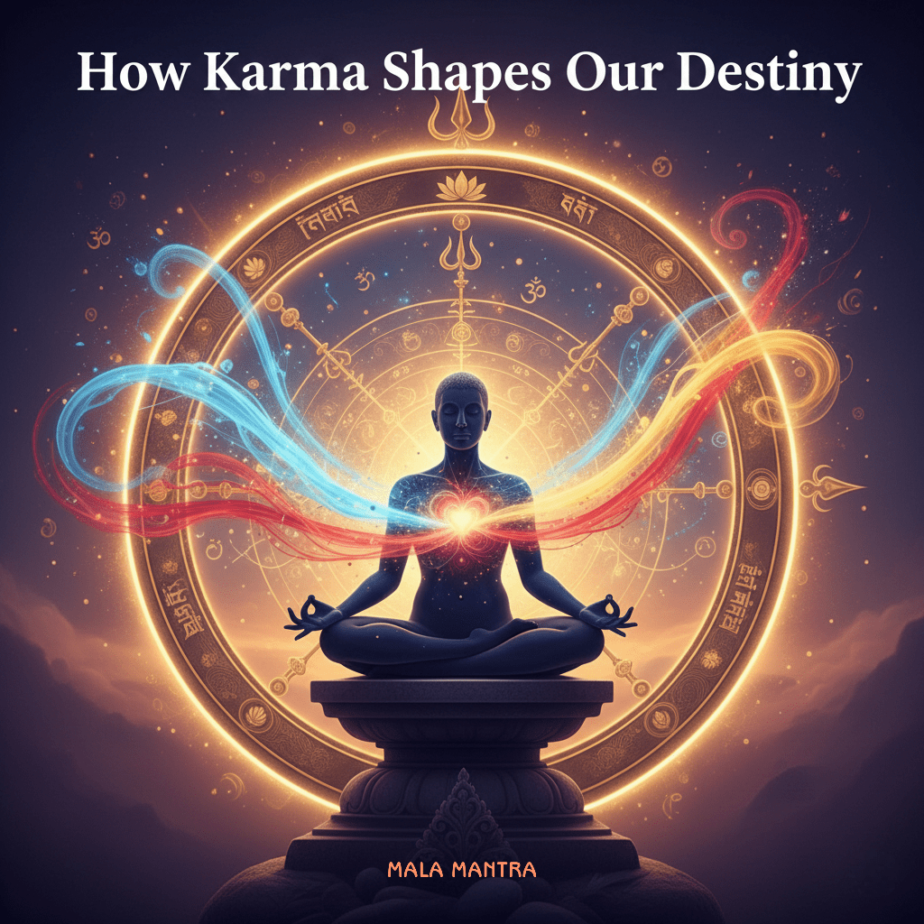 How Karma Shapes Our Destiny – Karma Cycle Illustration with Meditation Silhouette