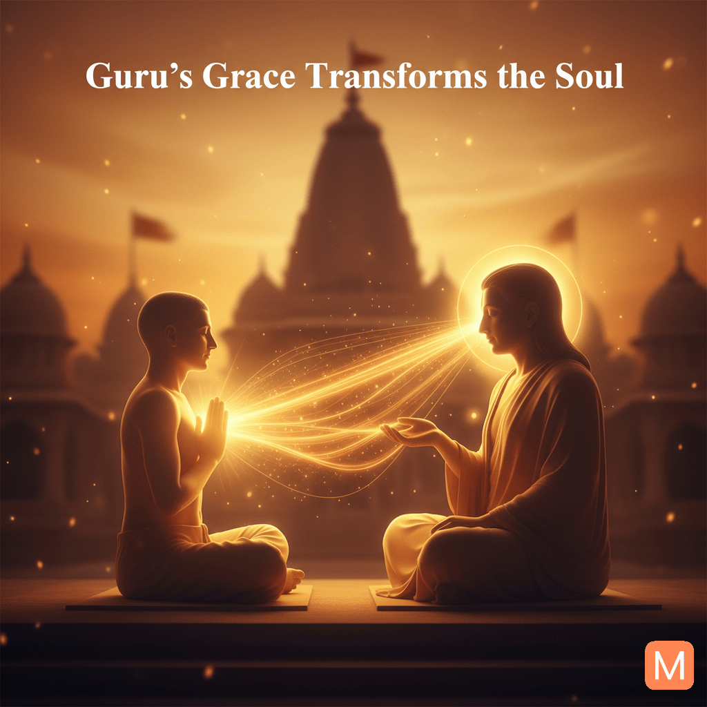 Meditating devotee receiving spiritual energy from Guru symbolizing transformation and divine connection
