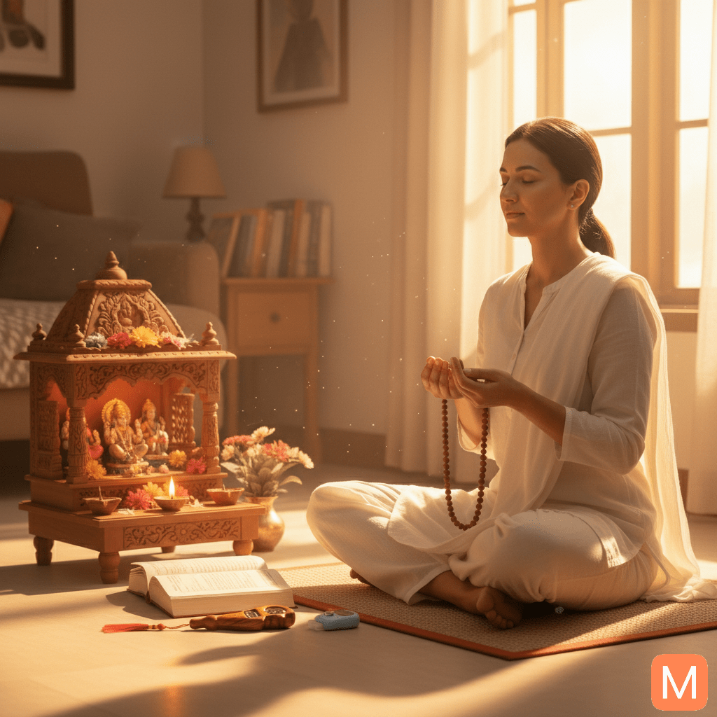 Devotee practicing Bhakti at home with Tulsi Mala, scriptures, and Jap counter.