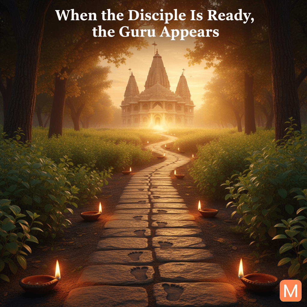 Pathway to Vrindavan temple with Tulsi plants and divine light showing journey to find a true Guru