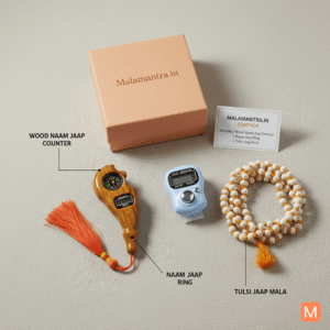 Malamantra.in Jaap Sadhana Combo pack featuring a labeled wooden naam jaap counter, blue digital naam jaap ring, and white and orange tulsi jaap mala beads, all displayed next to a branded box.