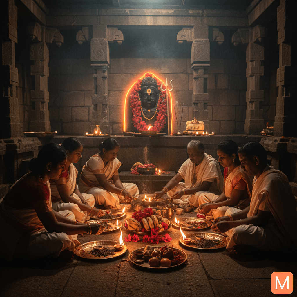 Devotees performing Kaal Bhairav Jayanti 2025 puja with mustard oil lamps and offerings in temple courtyard.