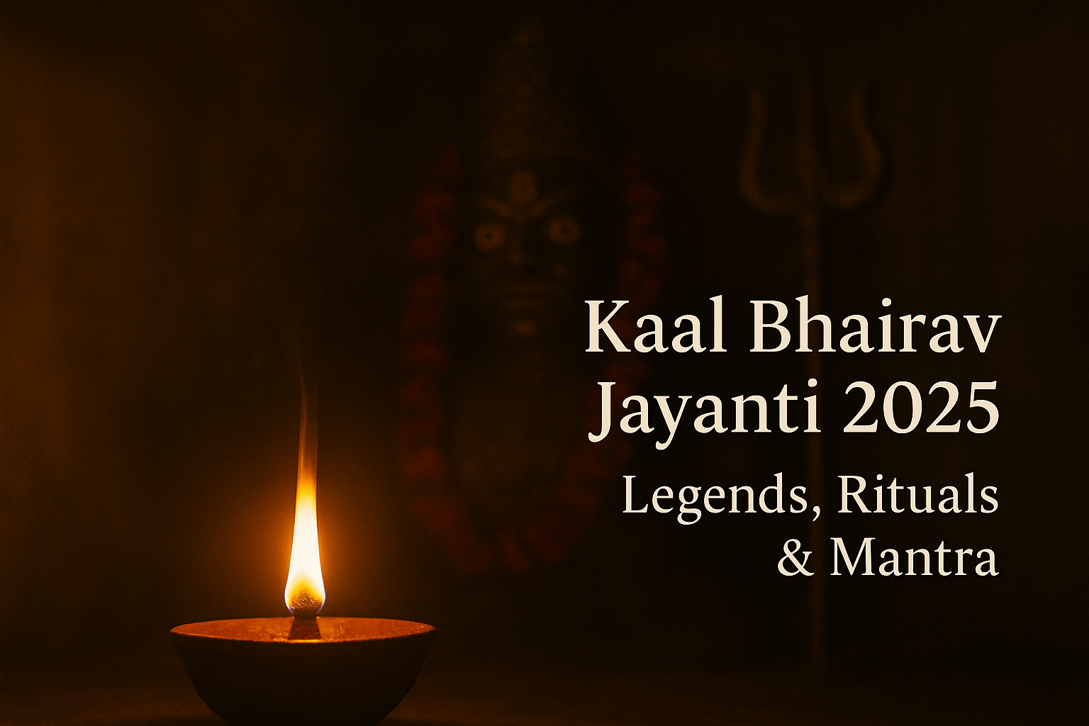 Kaal Bhairav Jayanti 2025 – Lit mustard oil diya before Lord Kaal Bhairav idol in temple, symbolizing sacred rituals and devotion.