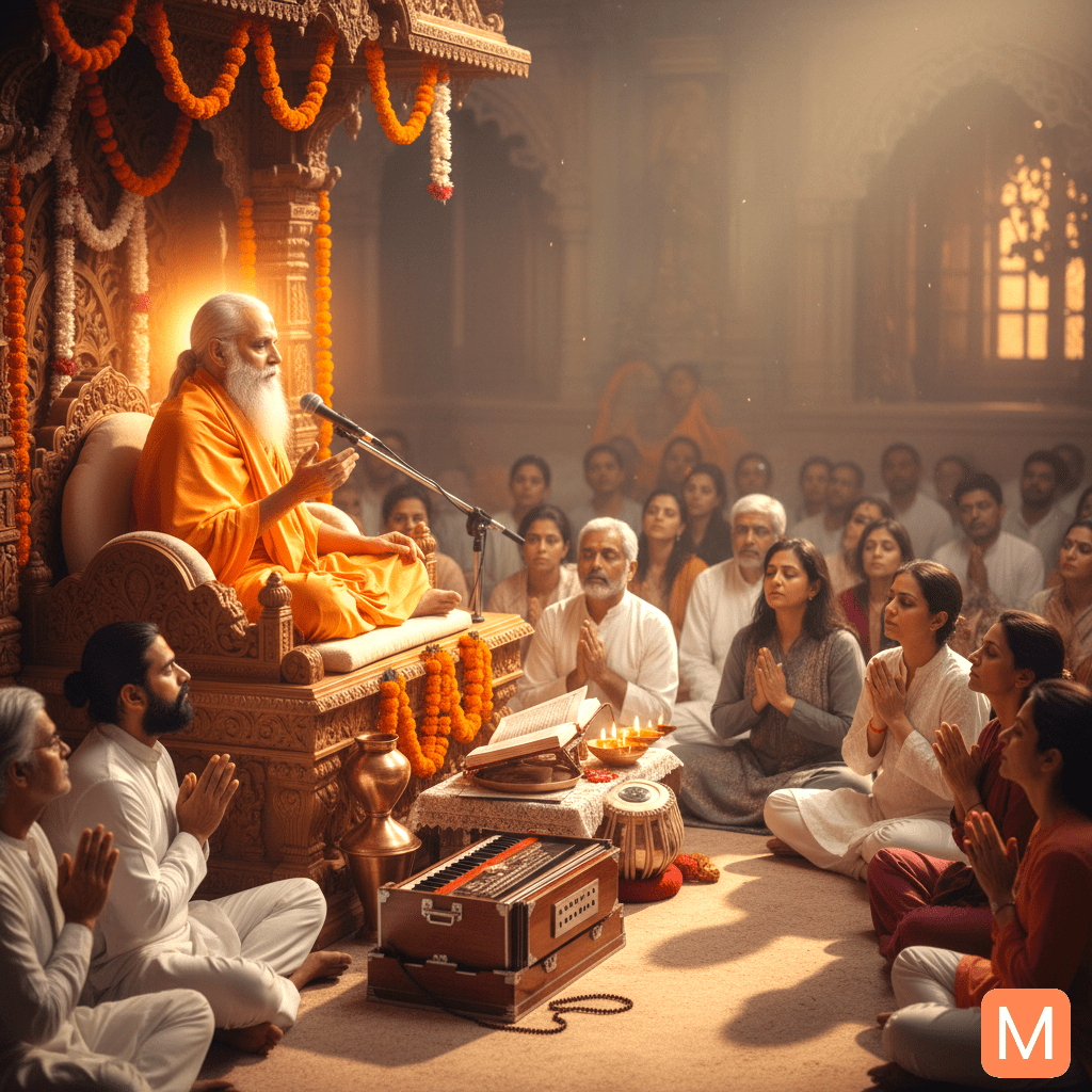 Devotees listening to Ram Katha and Satsang with devotion and folded hands.