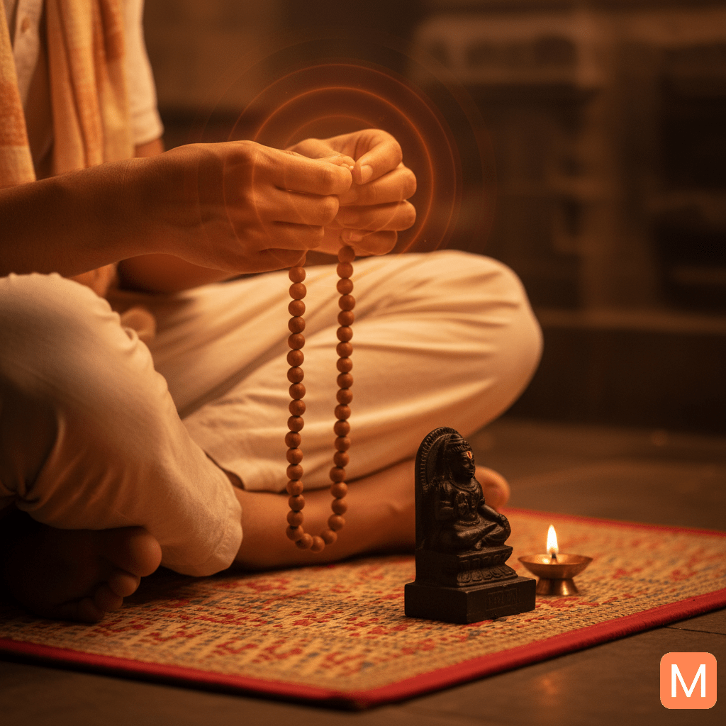 Devotee chanting Kaal Bhairav mantra using Tulsi Mala and diya during meditation on Kaal Bhairav Jayanti 2025.