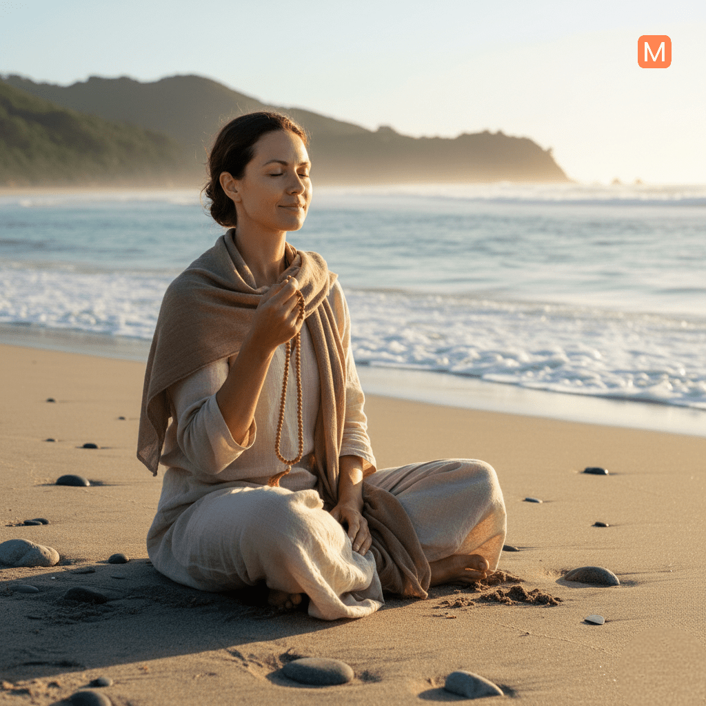 Woman in New Zealand doing Tulsi mala mantra meditation