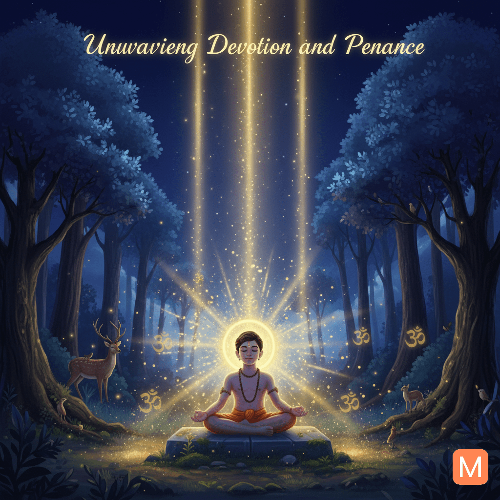 Dhruv Maharaj meditating in the forest with divine light symbolizing Lord Vishnu’s grace