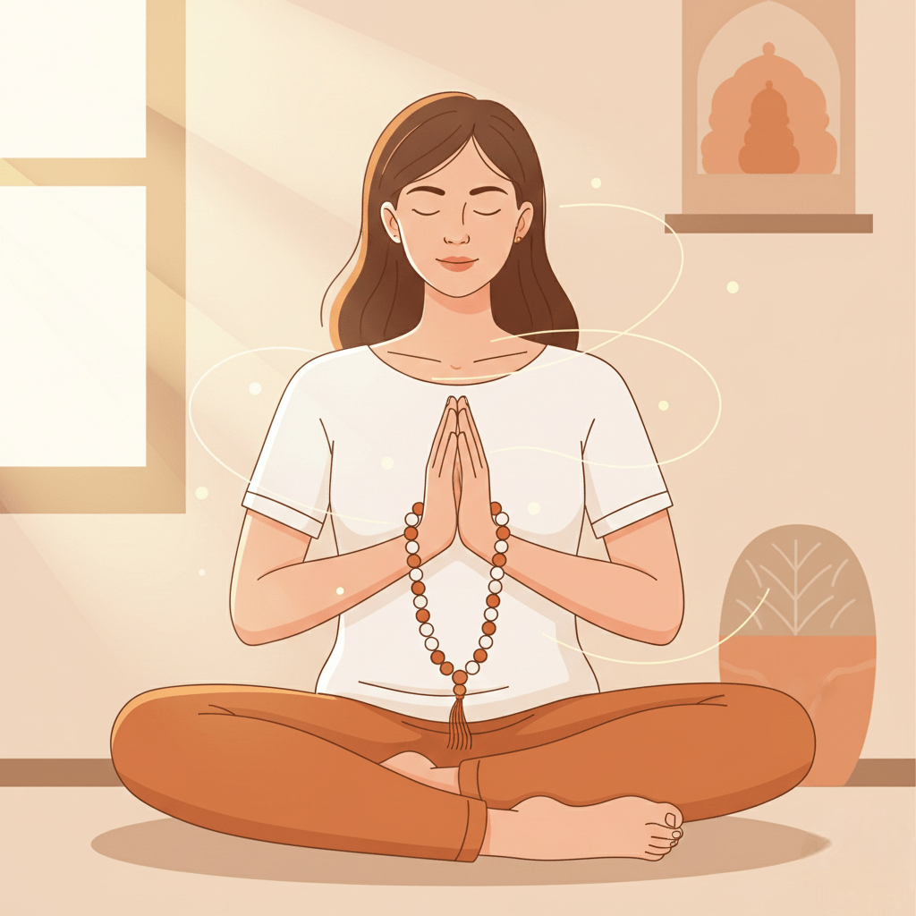 Person meditating with a 108-bead mala during Om chanting.