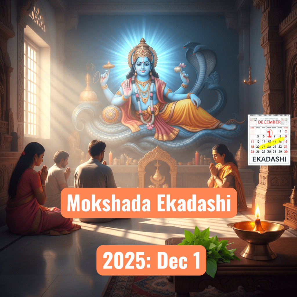 Mokshada Ekadashi 2025 featured image – Lord Vishnu with December 1 highlighted
