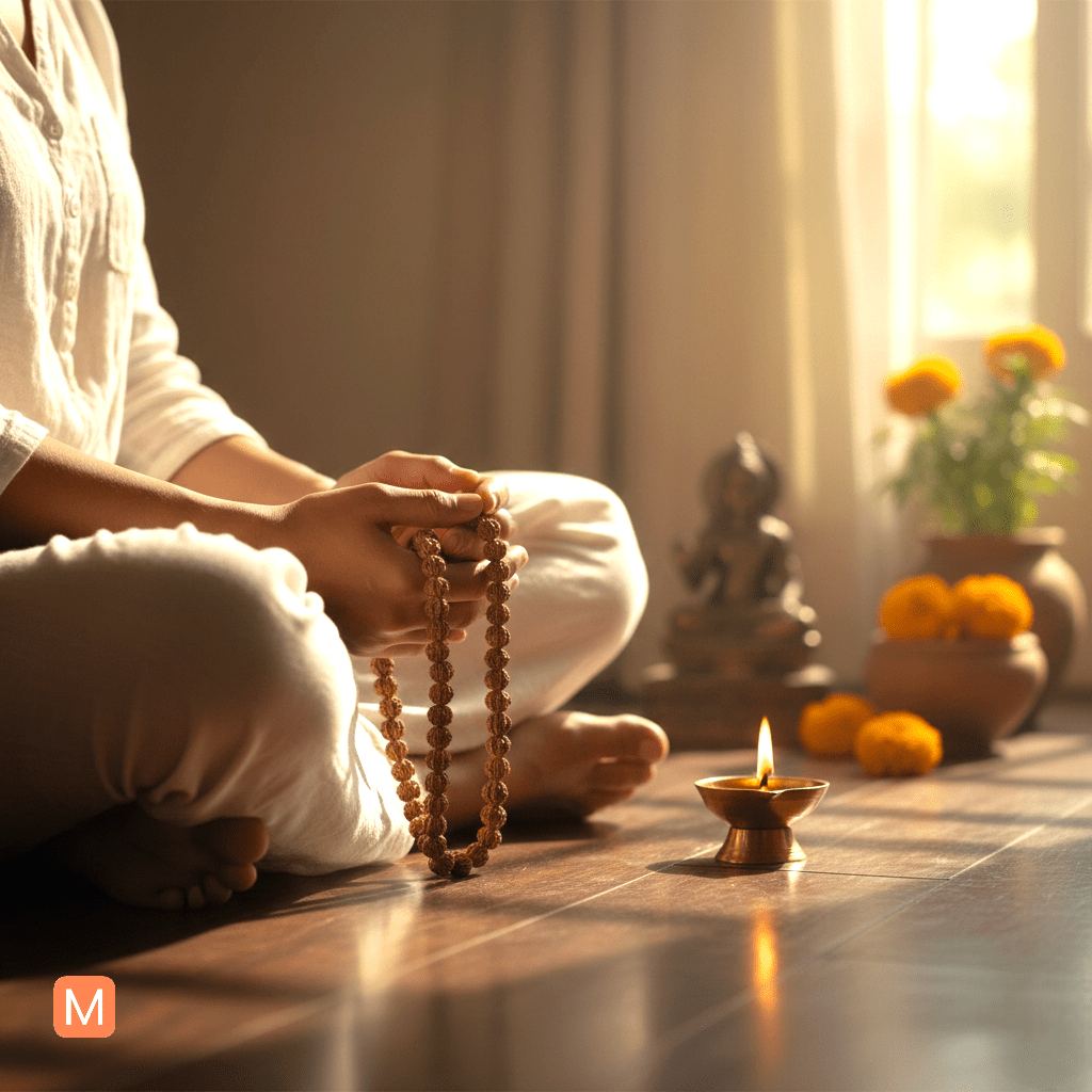 Person meditating in the morning holding a Tulsi mala, chanting mantra, showing the importance of mala and mantra in Hinduism