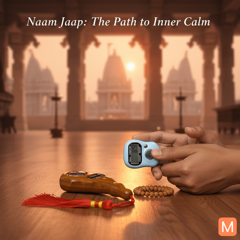 Devotee performing Naam Jaap using Tulsi Mala and digital counter in meditation