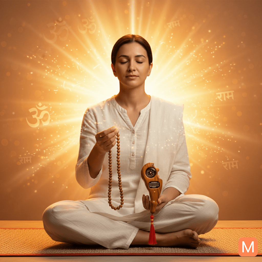 Devotee chanting Naam Jaap with Tulsi Mala under divine orange light.