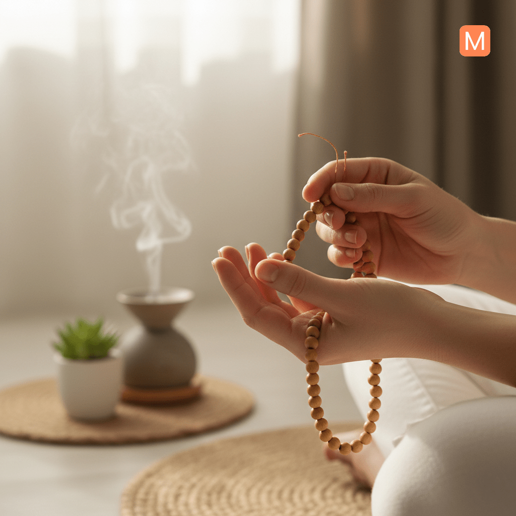 Hands holding Tulsi mala during om mantra meditation