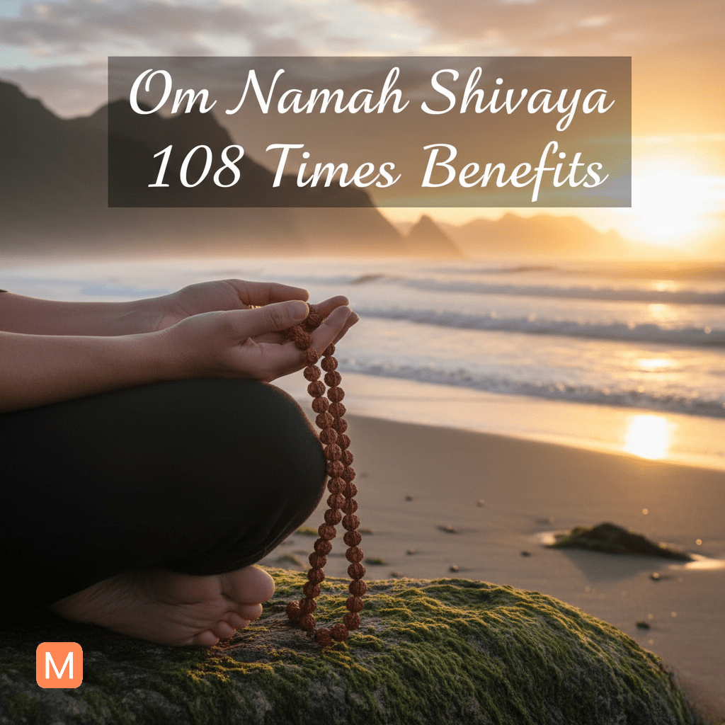 Close-up of hands holding a Rudraksha mala near a New Zealand beach at sunset while chanting Om Namah Shivaya 108 times.