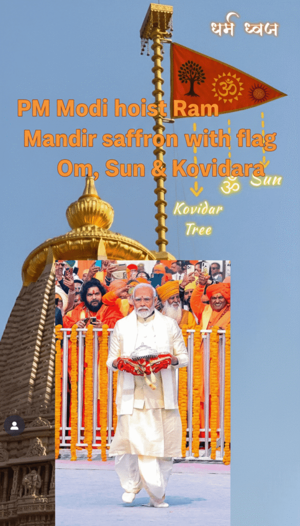 Devotees watching PM Modi hoist Ram Mandir saffron flag with Om, Sun & Kovidara Tree