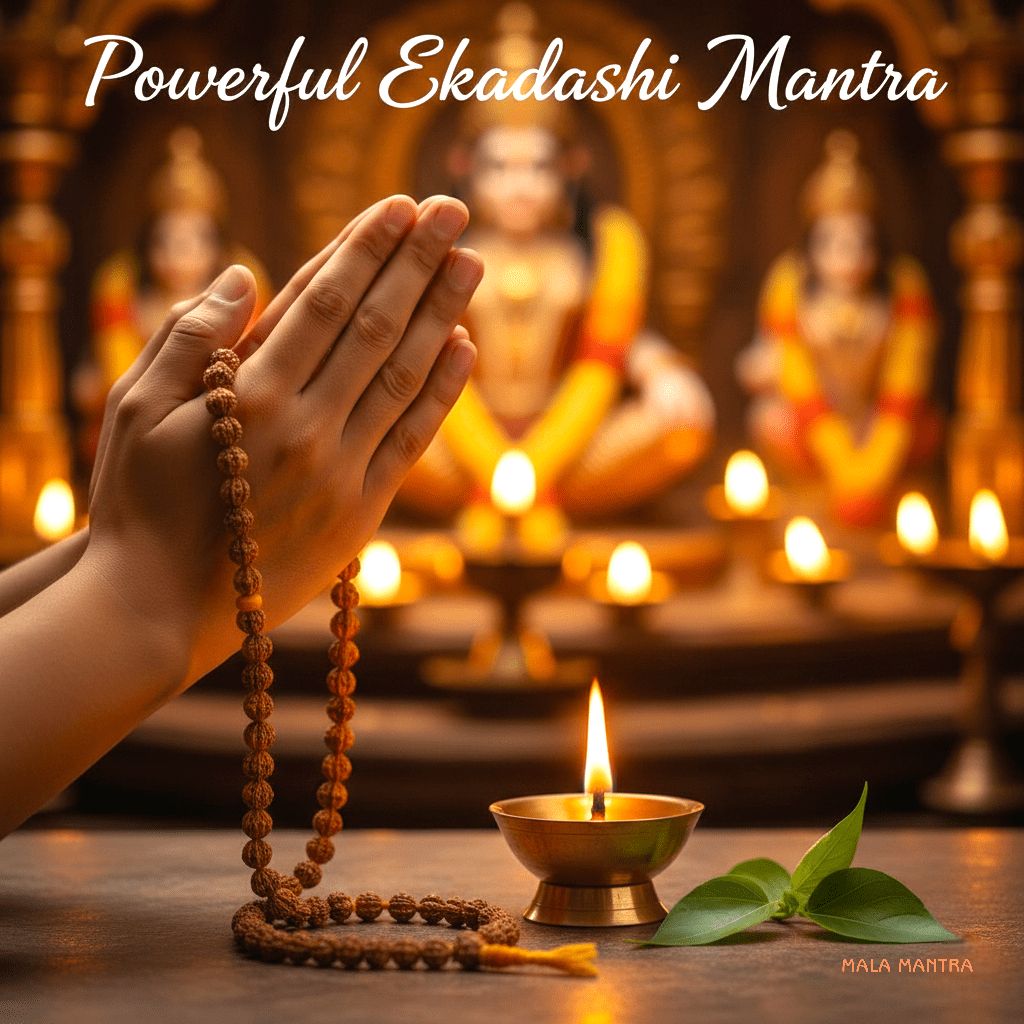 Ekadashi mantra image – tulsi mala and diya