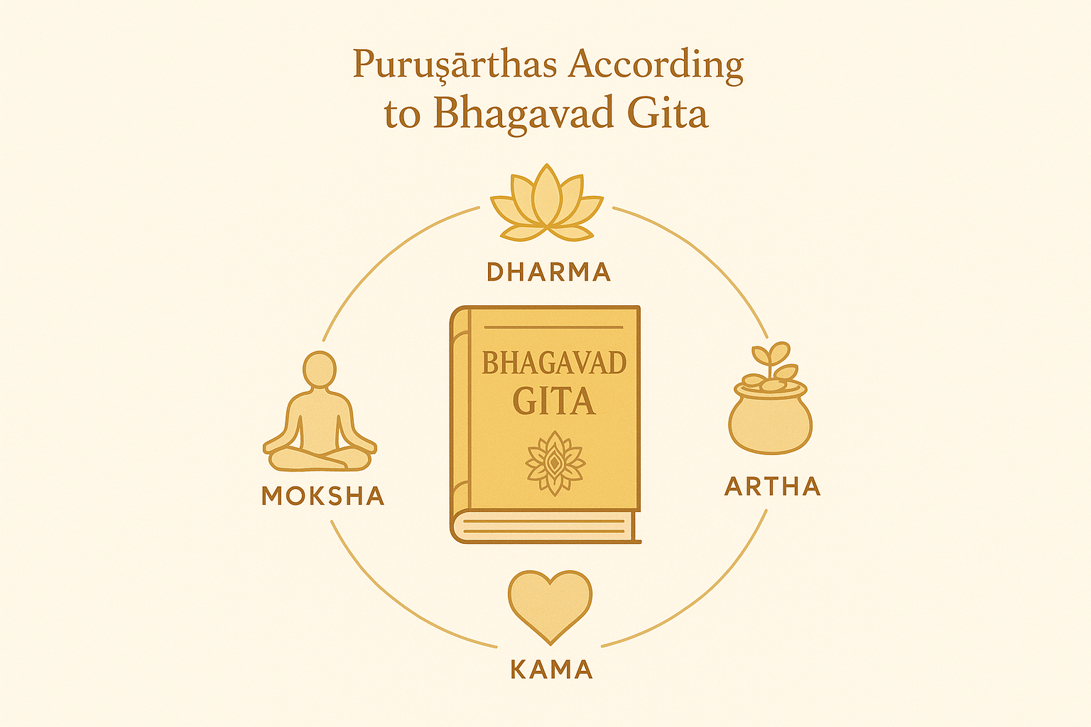 Puruṣārthas According to Bhagavad Gita — circular diagram with Bhagavad Gita at center showing Dharma, Artha, Kama, MokshaPuruṣārthas According to Bhagavad Gita — circular diagram with Bhagavad Gita at center showing Dharma, Artha, Kama, Moksha