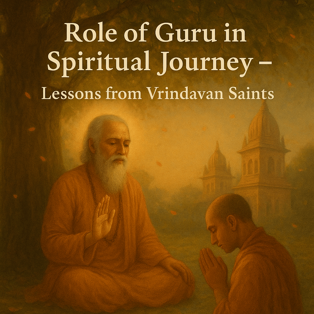 Guru guiding devotee in Vrindavan with temples in background – Role of Guru in Spiritual Journey, Lessons from Vrindavan Saints