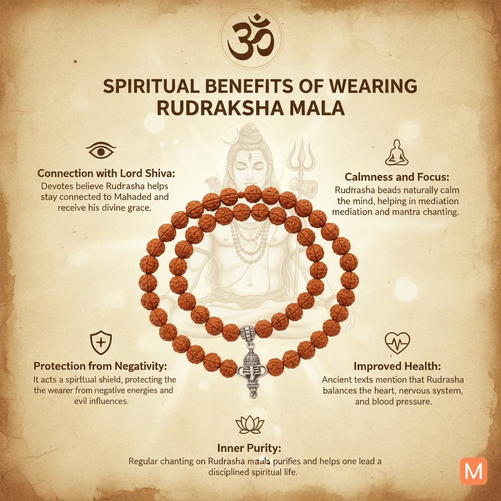 Spiritual benefits of wearing Rudraksha Mala – peace, protection, and divine energy for Shiva devotees