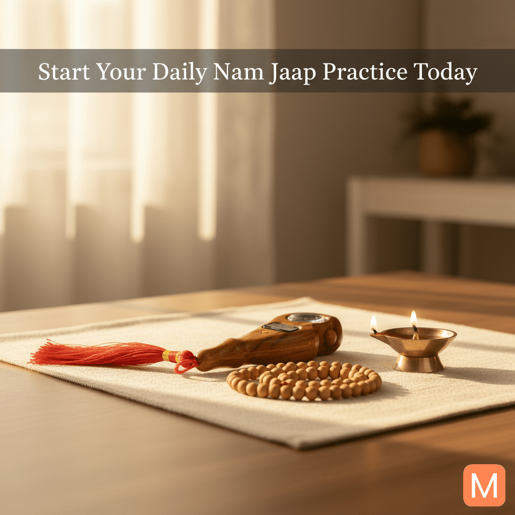 Tulsi Mala, wooden Naam Jaap counter, and diya representing daily spiritual practice