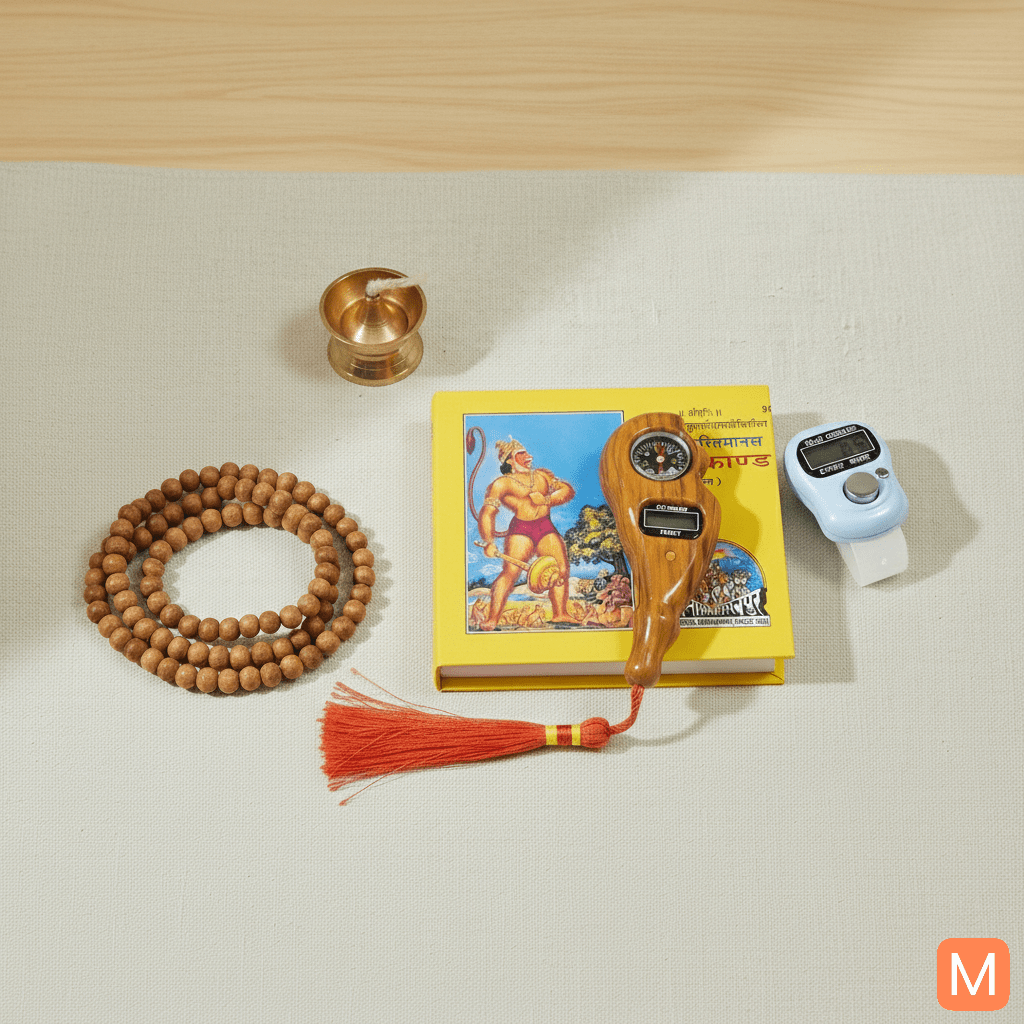 Sundarkand Path setup with Hanuman Chalisa, Tulsi Mala, and Jaap Counter