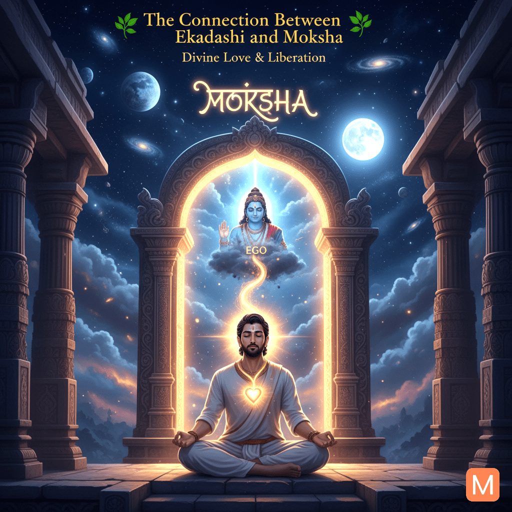 Devotee meditating before Lord Vishnu symbolizing Ekadashi as the path to moksha