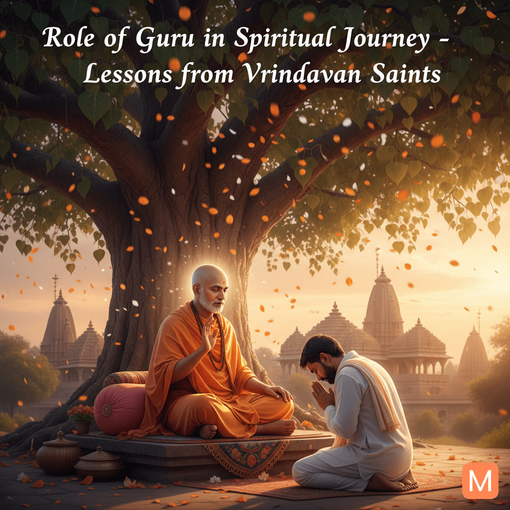 Guru blessing disciple under divine light symbolizing spiritual guidance and devotion in Vrindavan