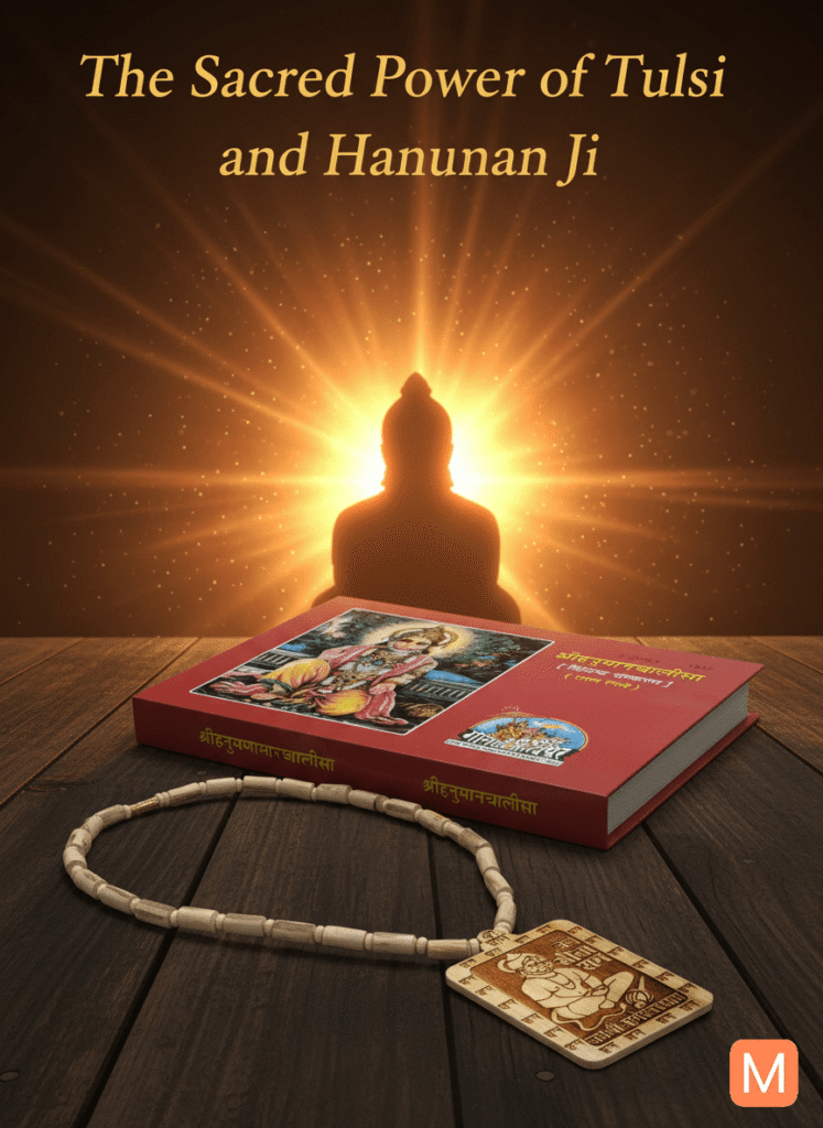Tulsi Mala and Hanuman idol with humanchalish book symbolizing divine power and devotion – The Sacred Power of Tulsi and Hanuman Ji