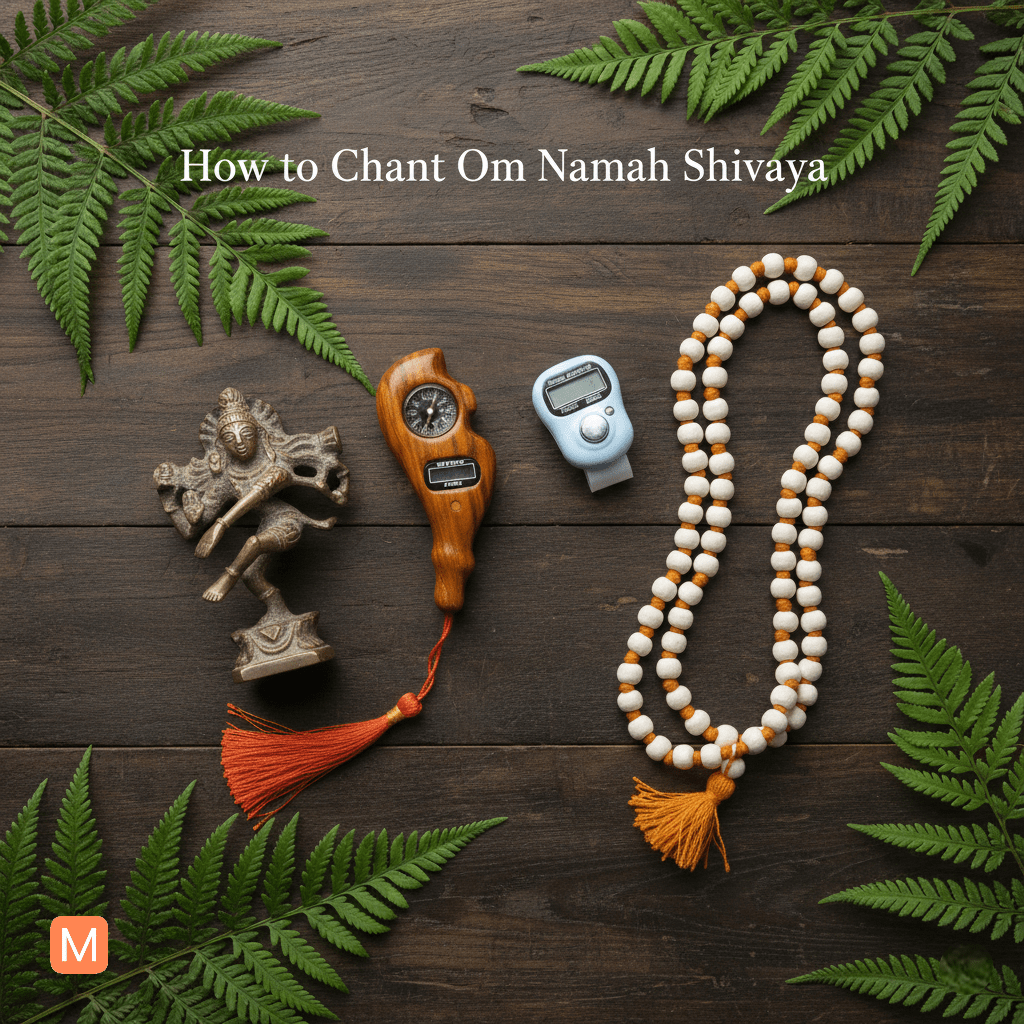 Tulsi mala, digital jap counter, and a small Shiva statue arranged on a wooden table with New Zealand fern leaves, used for chanting Om Namah Shivaya.
